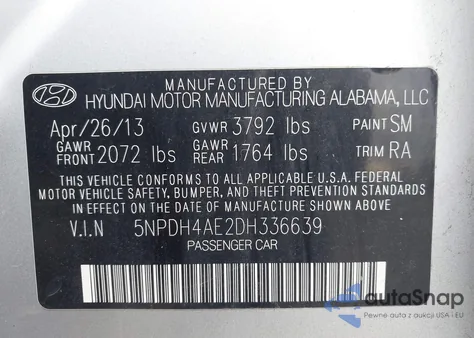 2013 Hyundai Elantra Gls/Limited z USA, uszkodzony, nr VIN 5NPDH4AE2DH336639